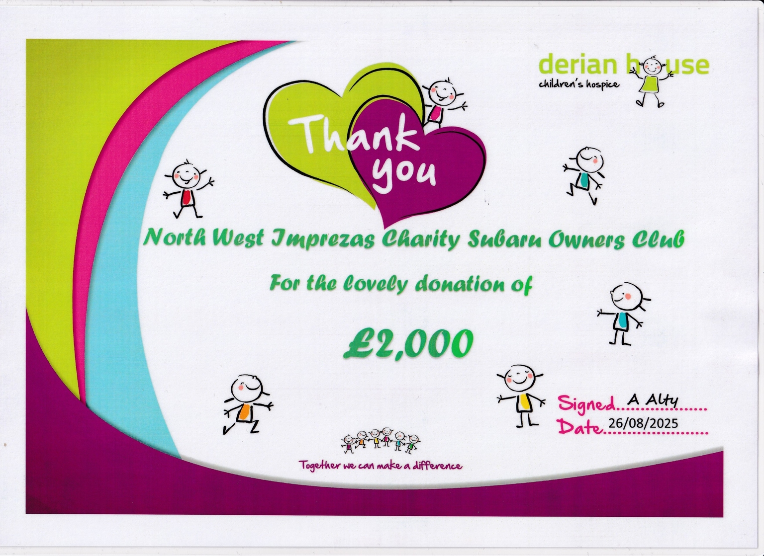 Certification for Derian House Children's Hospice - North West Imprezas Charity Subaru Owners Club