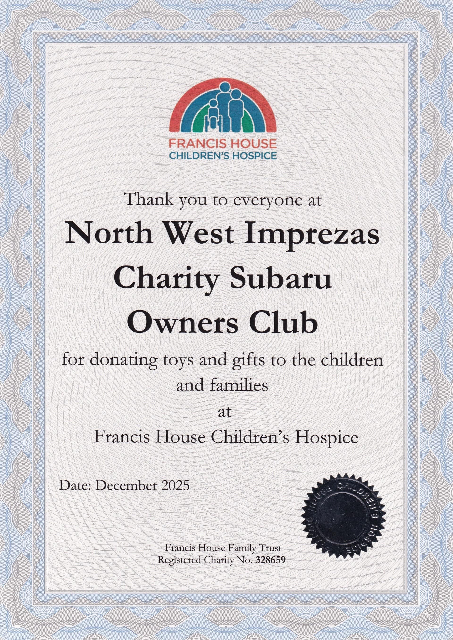 Certification for Marie Curie - North West Imprezas Charity Subaru Owners Club