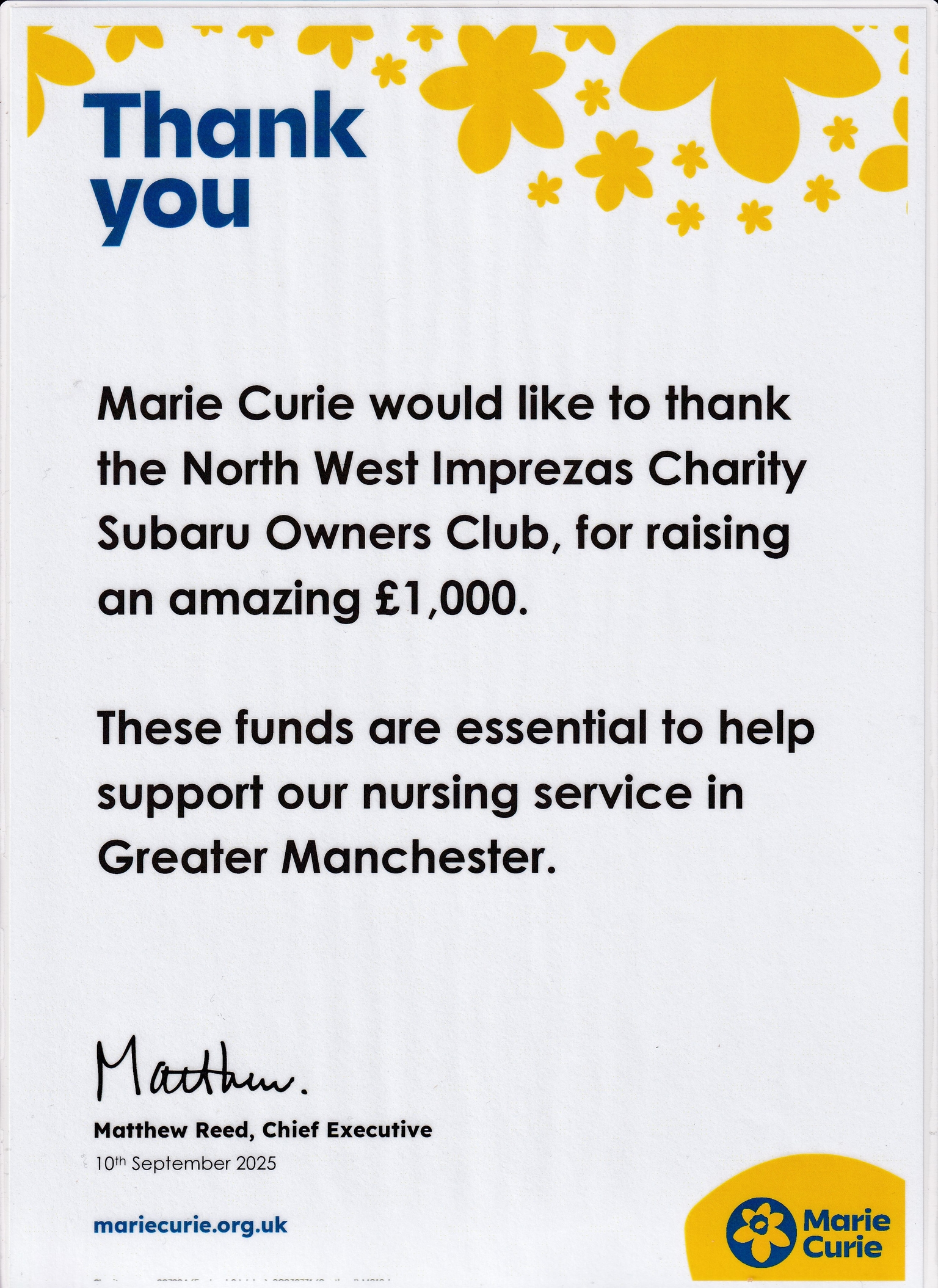 Certification for Marie Curie - North West Imprezas Charity Subaru Owners Club