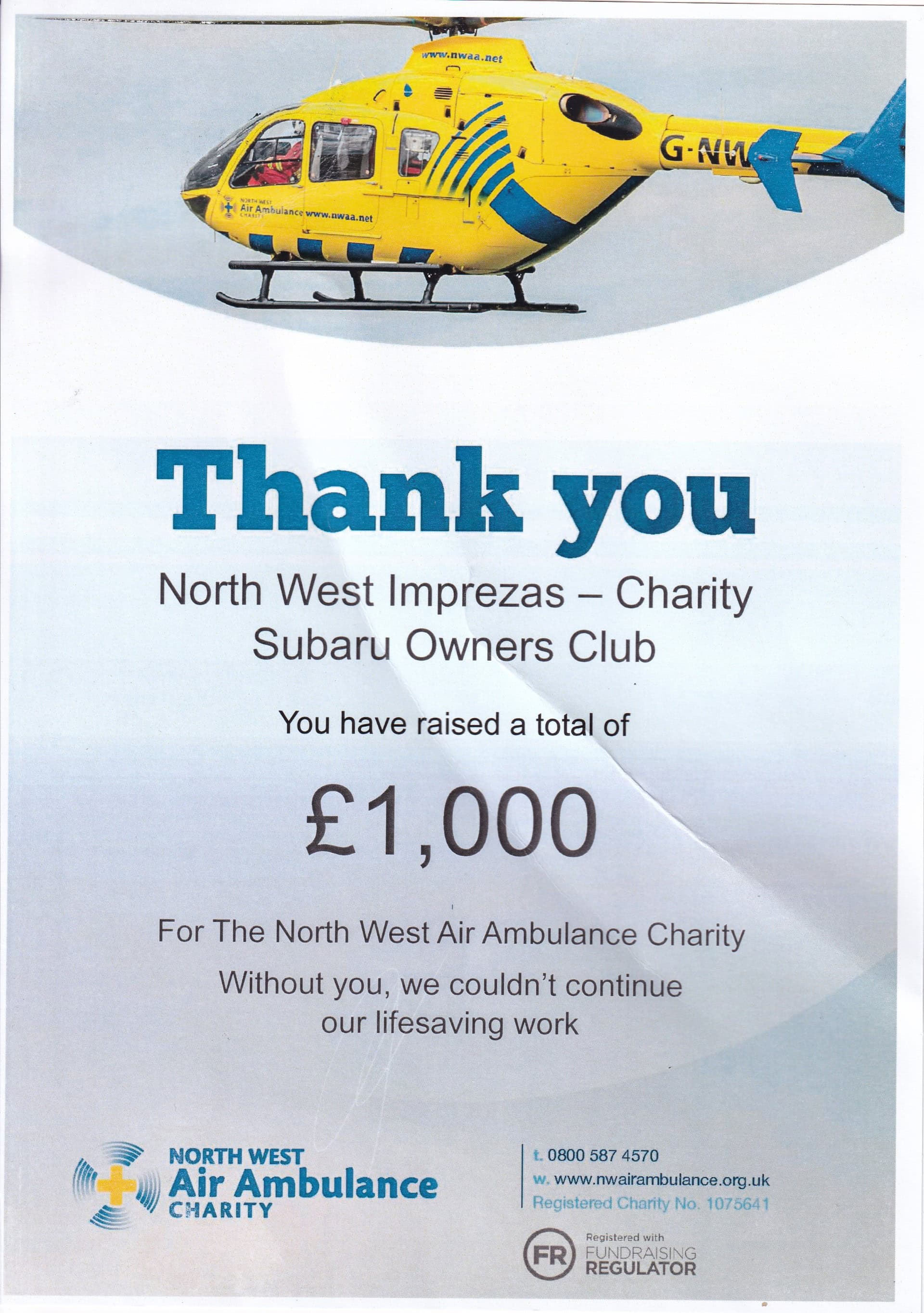 Certification for North West Air Ambulance - North West Imprezas Charity Subaru Owners Club