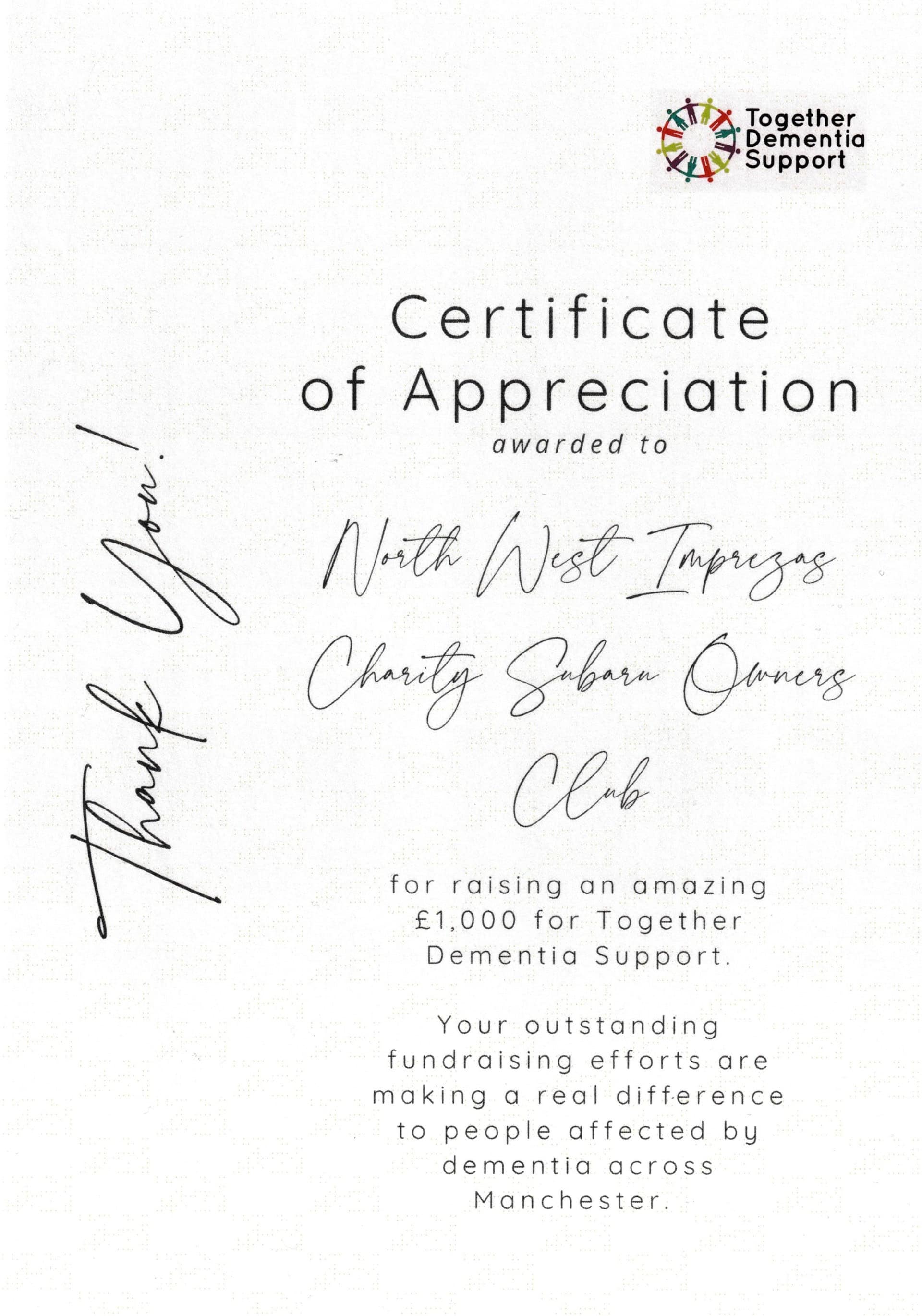 Certification for Together Dementia - North West Imprezas Charity Subaru Owners Club